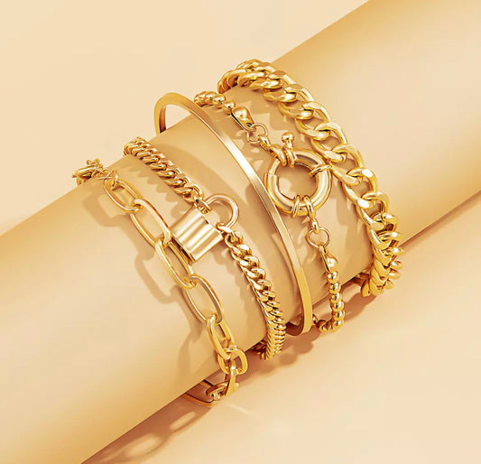 5/pc Lock & Gold Bracelet Set